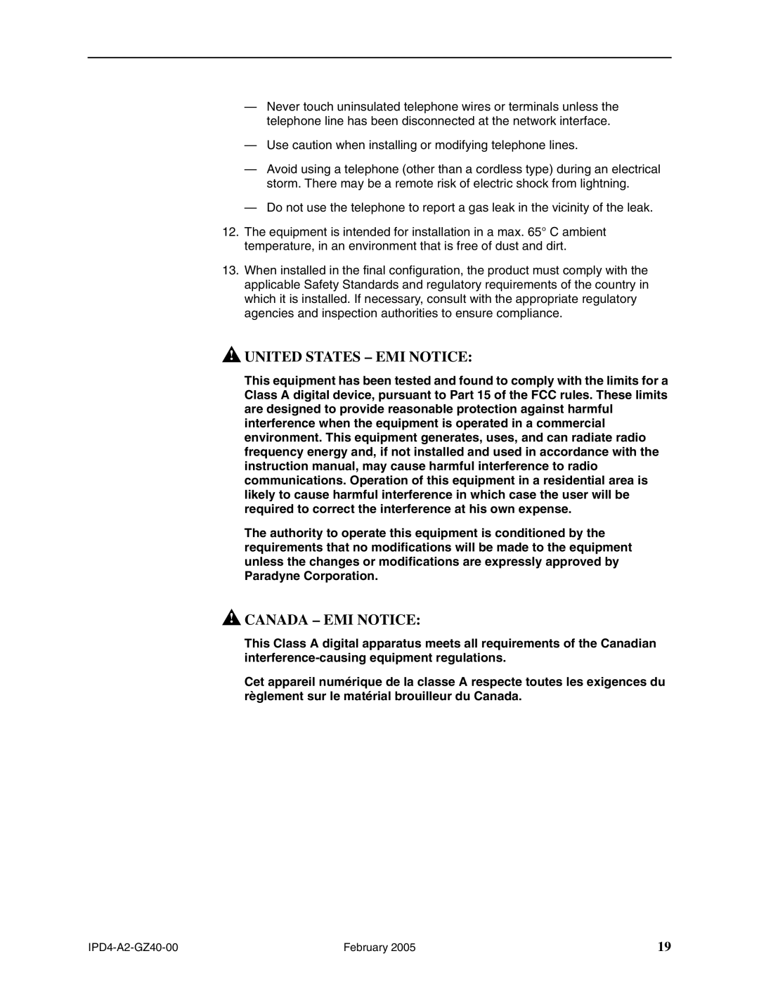 Paradyne 4000E installation instructions United States EMI Notice 