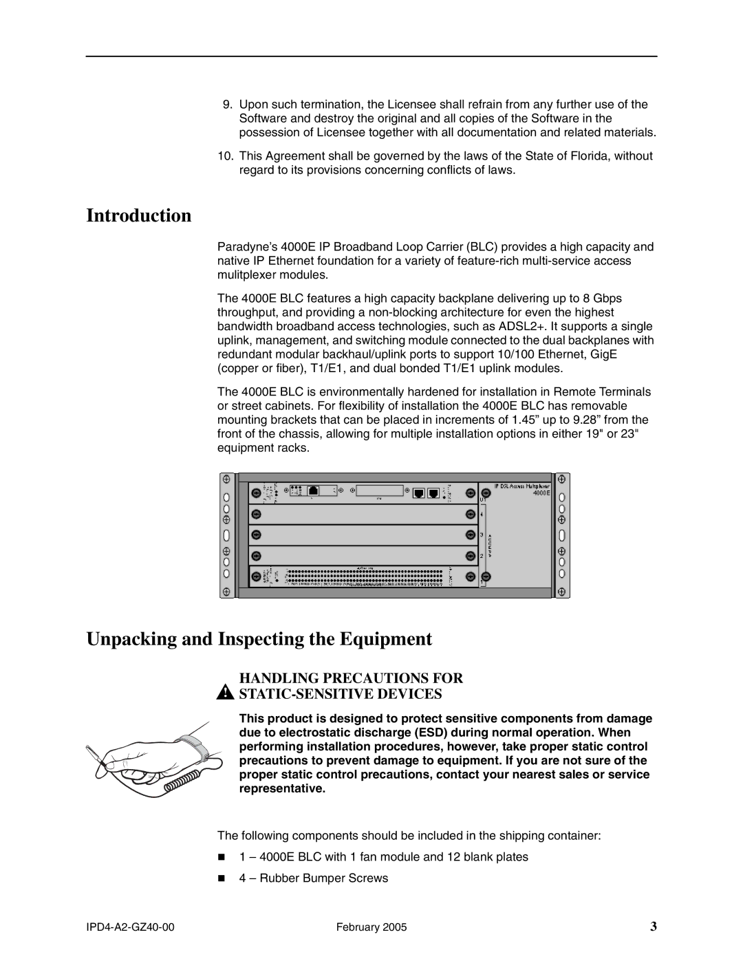 Paradyne 4000E installation instructions Introduction, Unpacking and Inspecting the Equipment 