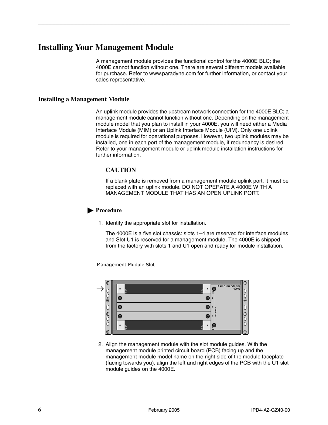 Paradyne 4000E installation instructions Installing Your Management Module, Installing a Management Module 