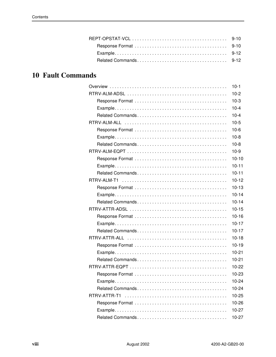 Paradyne 4200 manual Fault Commands, Viii 