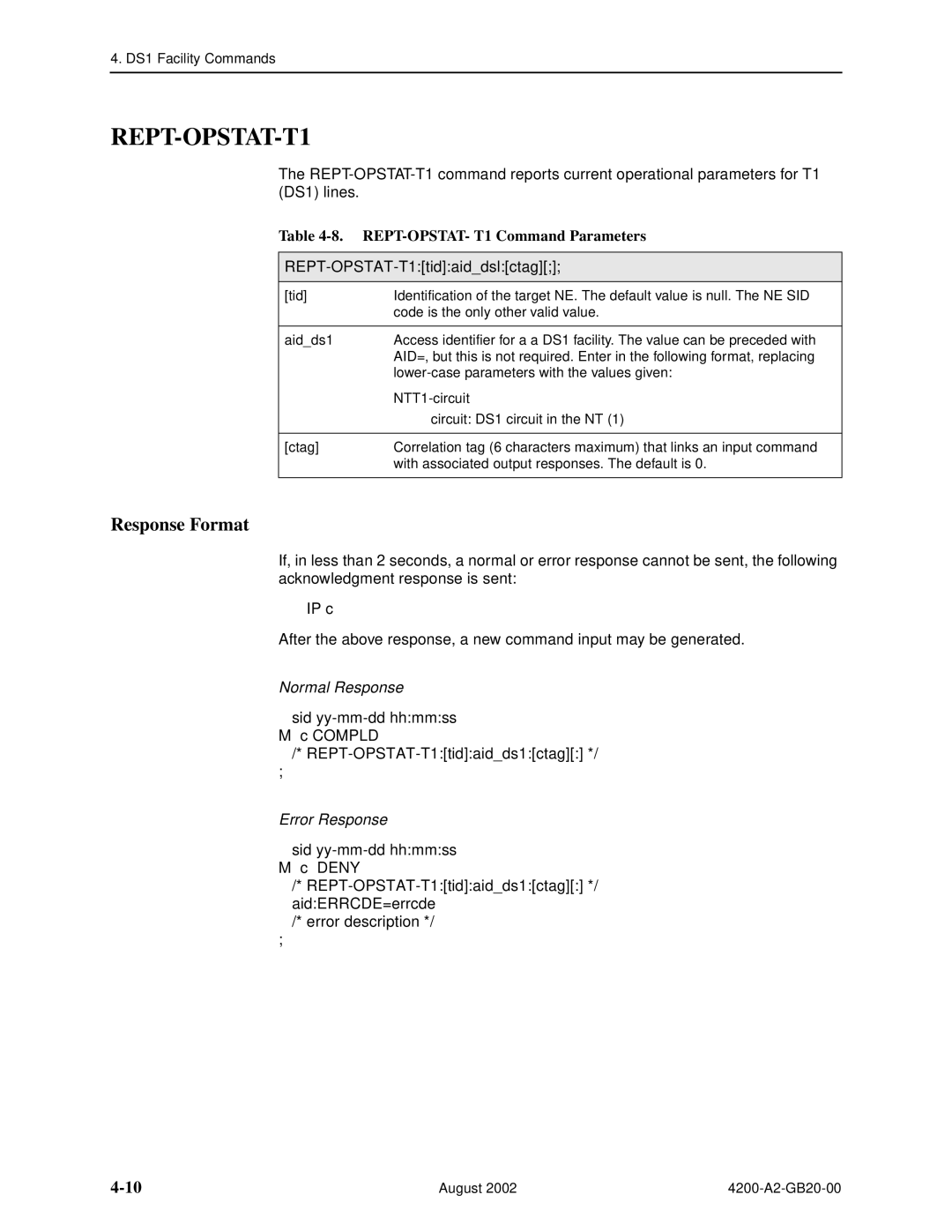 Paradyne 4200 manual REPT-OPSTAT- T1 Command Parameters, REPT-OPSTAT-T1tidaiddslctag 