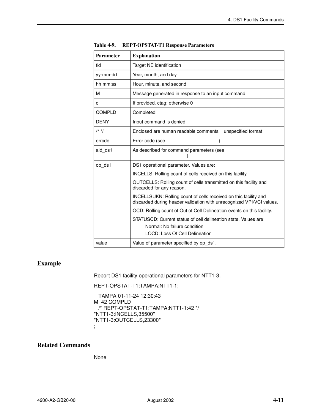 Paradyne 4200 manual REPT-OPSTAT-T1 Response Parameters Explanation, NTT1-3INCELLS,35500 NTT1-3OUTCELLS,23300 