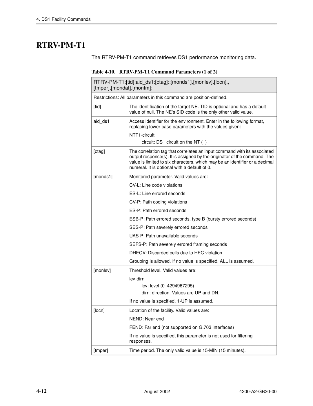 Paradyne 4200 manual RTRV-PM-T1 Command Parameters 1 