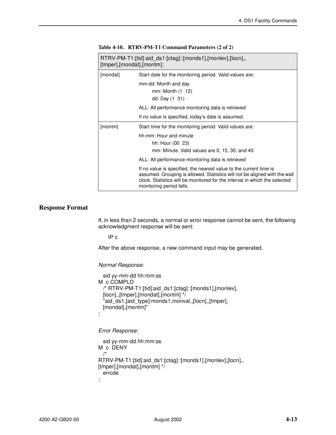 Paradyne 4200 manual Response Format, RTRV-PM-T1 Command Parameters 2 