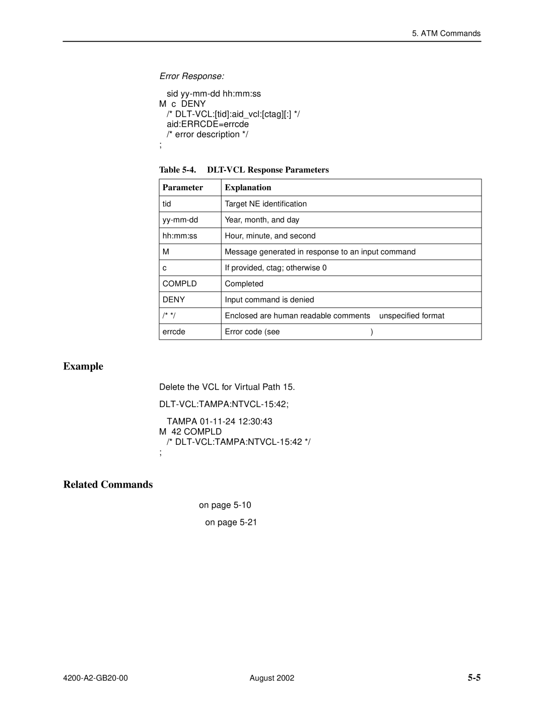 Paradyne 4200 manual DLT-VCL Response Parameters Explanation 