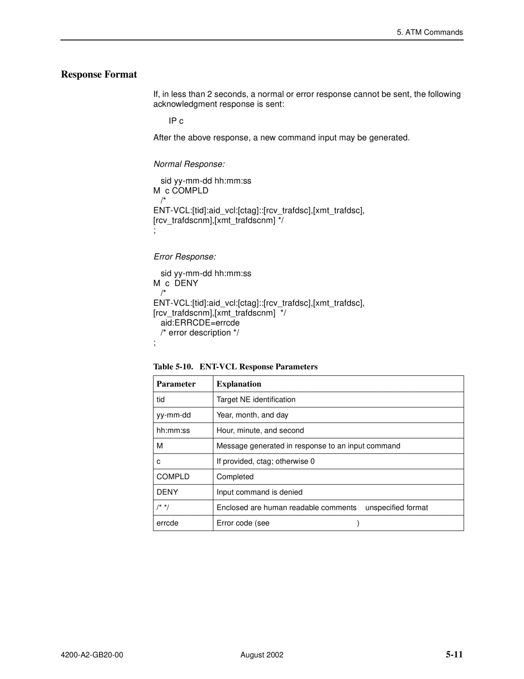 Paradyne 4200 manual Response Format, ENT-VCL Response Parameters Explanation 