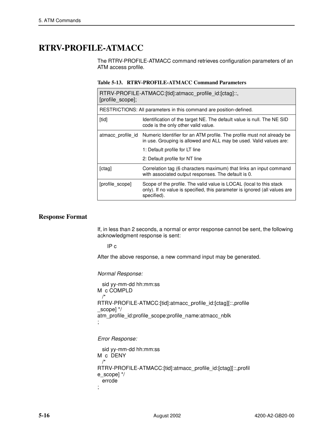 Paradyne 4200 manual Rtrv-Profile-Atmacc, RTRV-PROFILE-ATMACC Command Parameters 