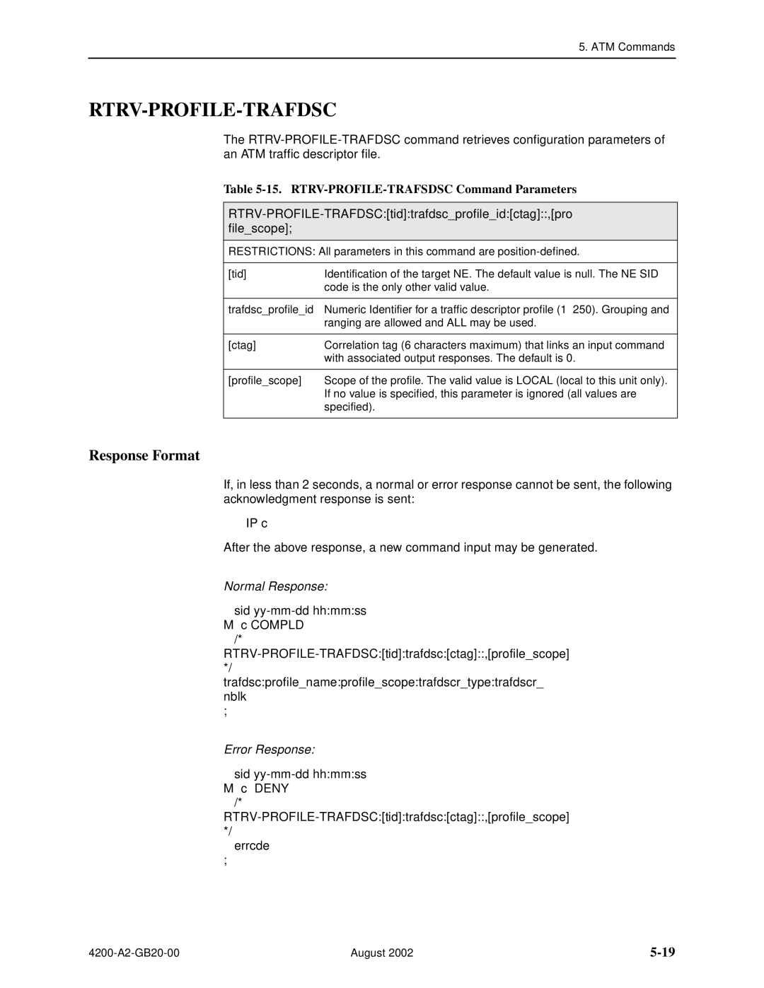 Paradyne 4200 manual Rtrv-Profile-Trafdsc, RTRV-PROFILE-TRAFSDSC Command Parameters 