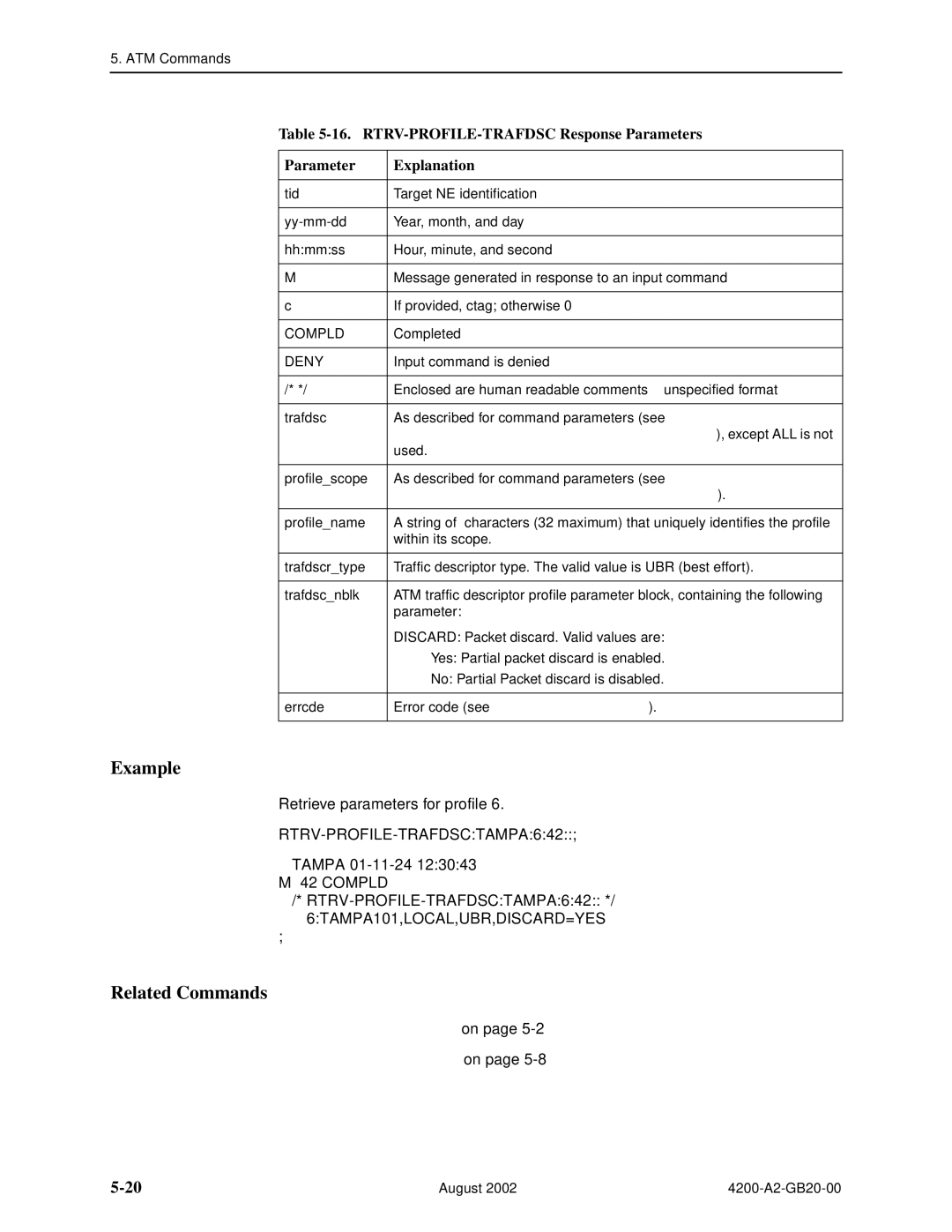 Paradyne 4200 manual RTRV-PROFILE-TRAFDSC Response Parameters Explanation, RTRV-PROFILE-TRAFSDSC Command Parameters 