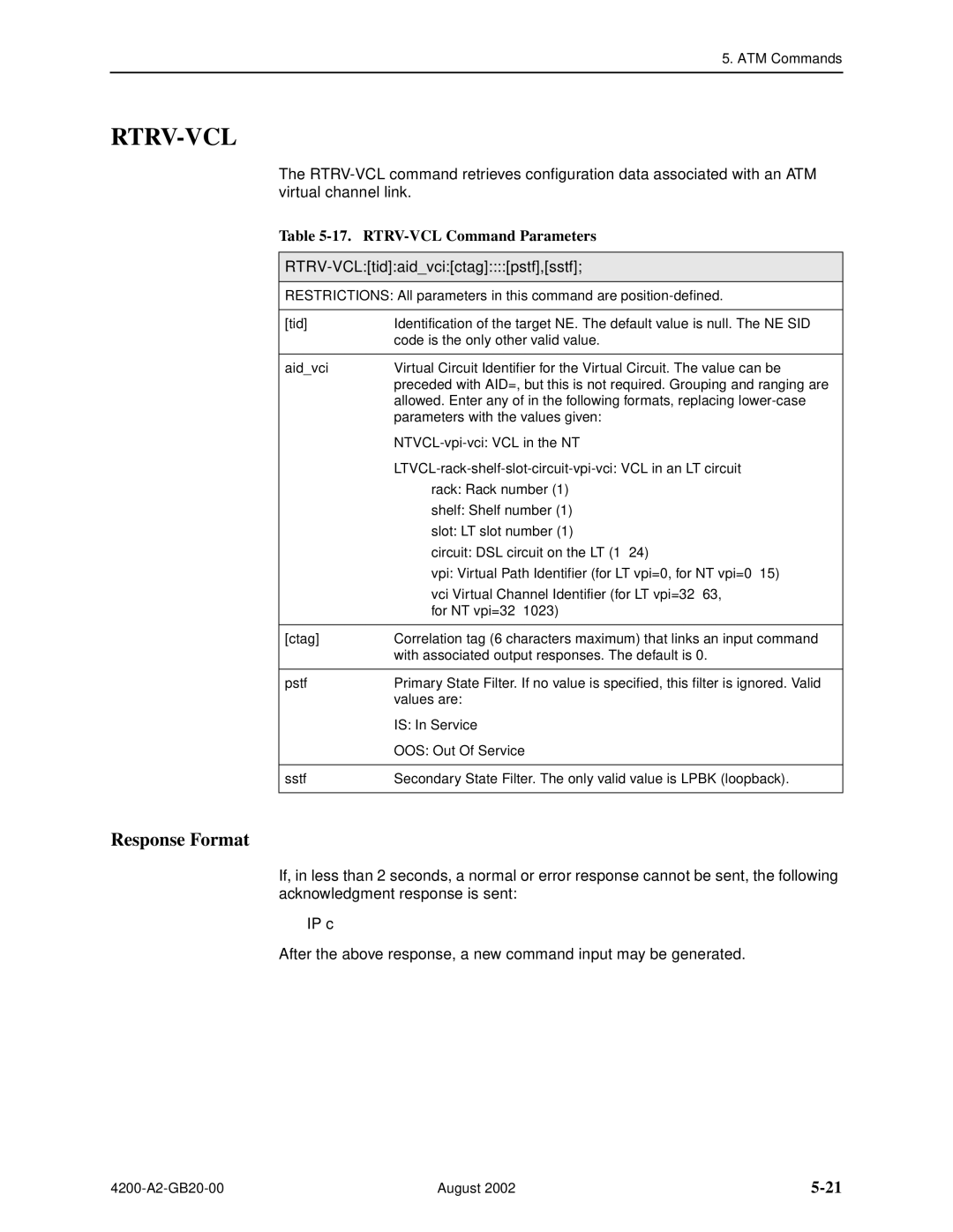 Paradyne 4200 manual Rtrv-Vcl, RTRV-VCL Command Parameters, RTRV-VCLtidaidvcictagpstf,sstf 