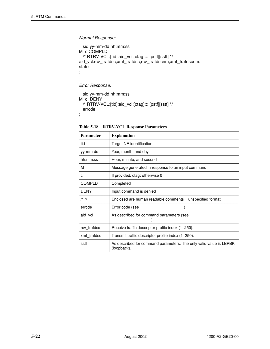 Paradyne 4200 manual RTRV-VCL Response Parameters Explanation, Command Parameters 