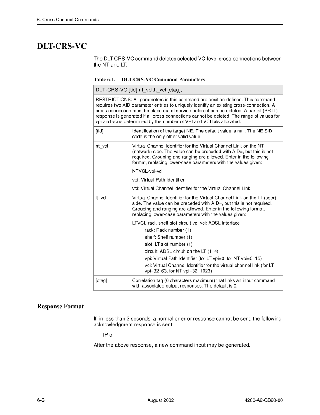 Paradyne 4200 manual Dlt-Crs-Vc, DLT-CRS-VC Command Parameters, DLT-CRS-VCtidntvcl,ltvclctag 