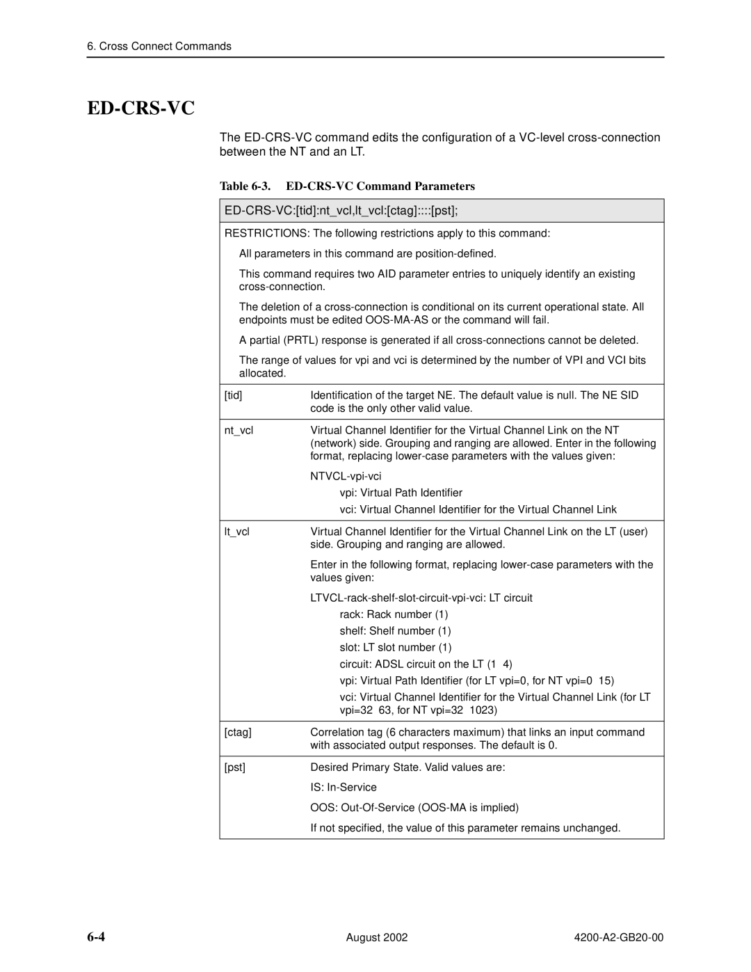 Paradyne 4200 manual Ed-Crs-Vc, ED-CRS-VC Command Parameters, ED-CRS-VCtidntvcl,ltvclctagpst 