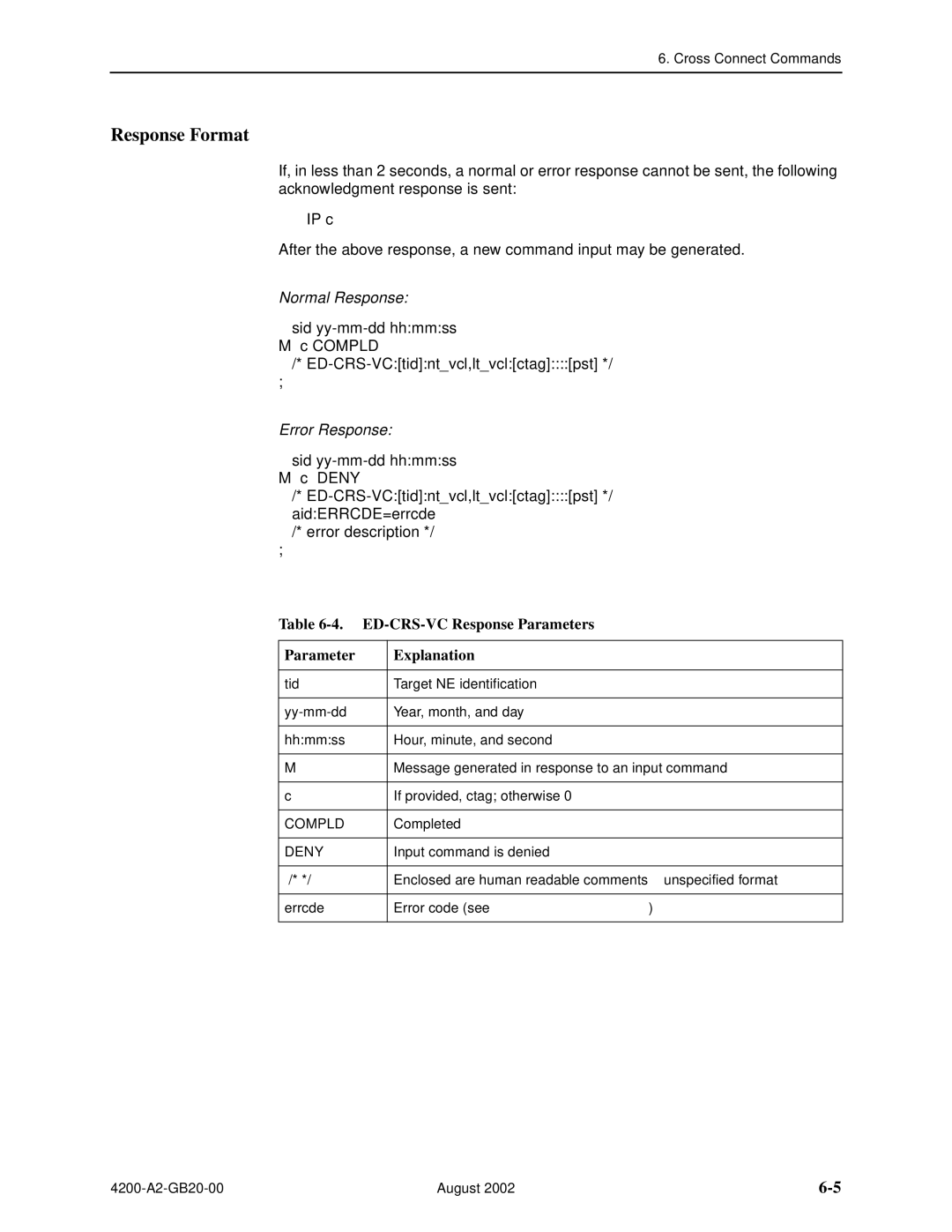 Paradyne 4200 manual Sid yy-mm-dd hhmmss Compld ED-CRS-VCtidntvcl,ltvclctagpst, ED-CRS-VC Response Parameters Explanation 