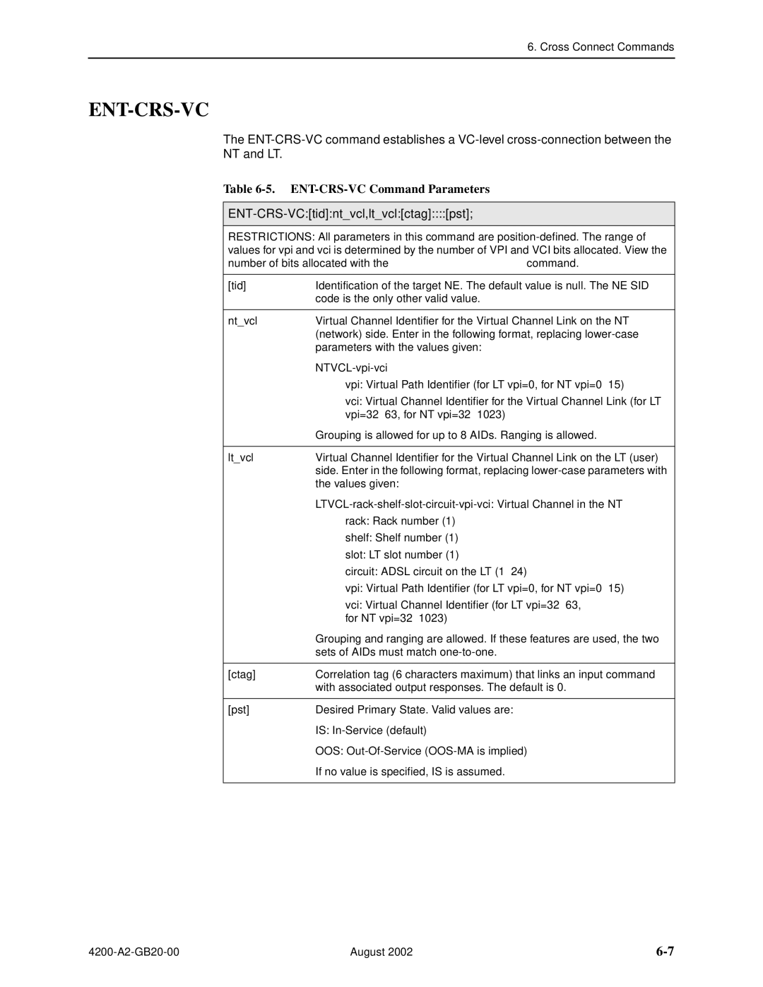 Paradyne 4200 manual Ent-Crs-Vc, ENT-CRS-VC Command Parameters, ENT-CRS-VCtidntvcl,ltvclctagpst 