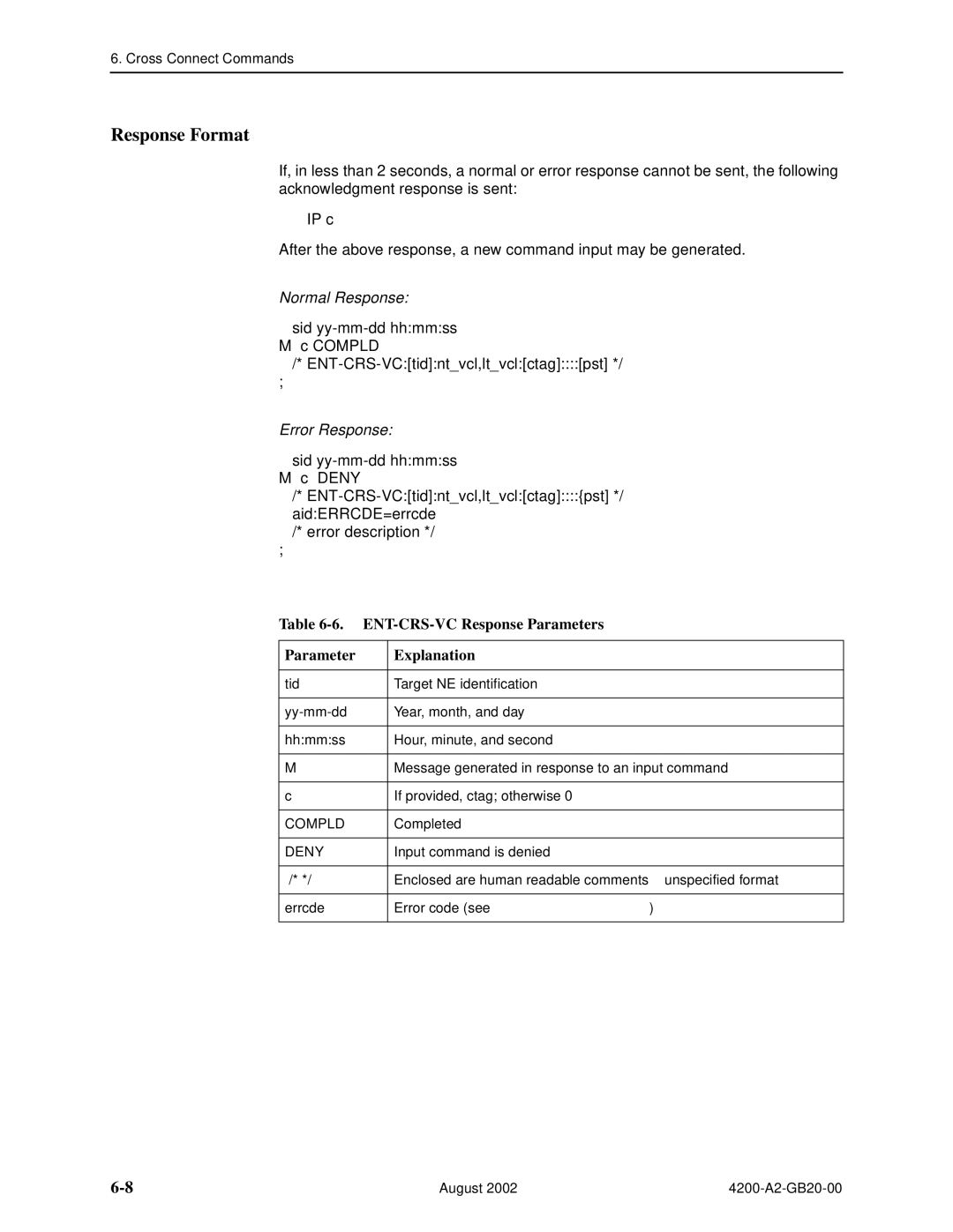 Paradyne 4200 manual Sid yy-mm-dd hhmmss Compld ENT-CRS-VCtidntvcl,ltvclctagpst, ENT-CRS-VC Response Parameters Explanation 