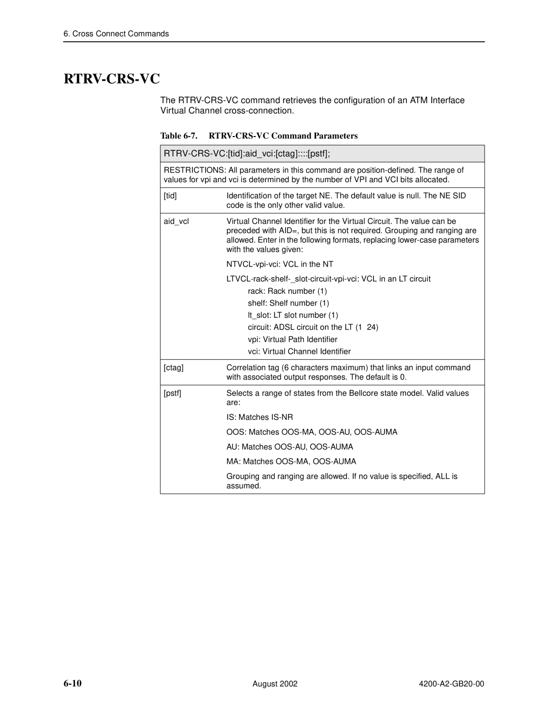 Paradyne 4200 manual Rtrv-Crs-Vc, RTRV-CRS-VC Command Parameters, RTRV-CRS-VCtidaidvcictagpstf 