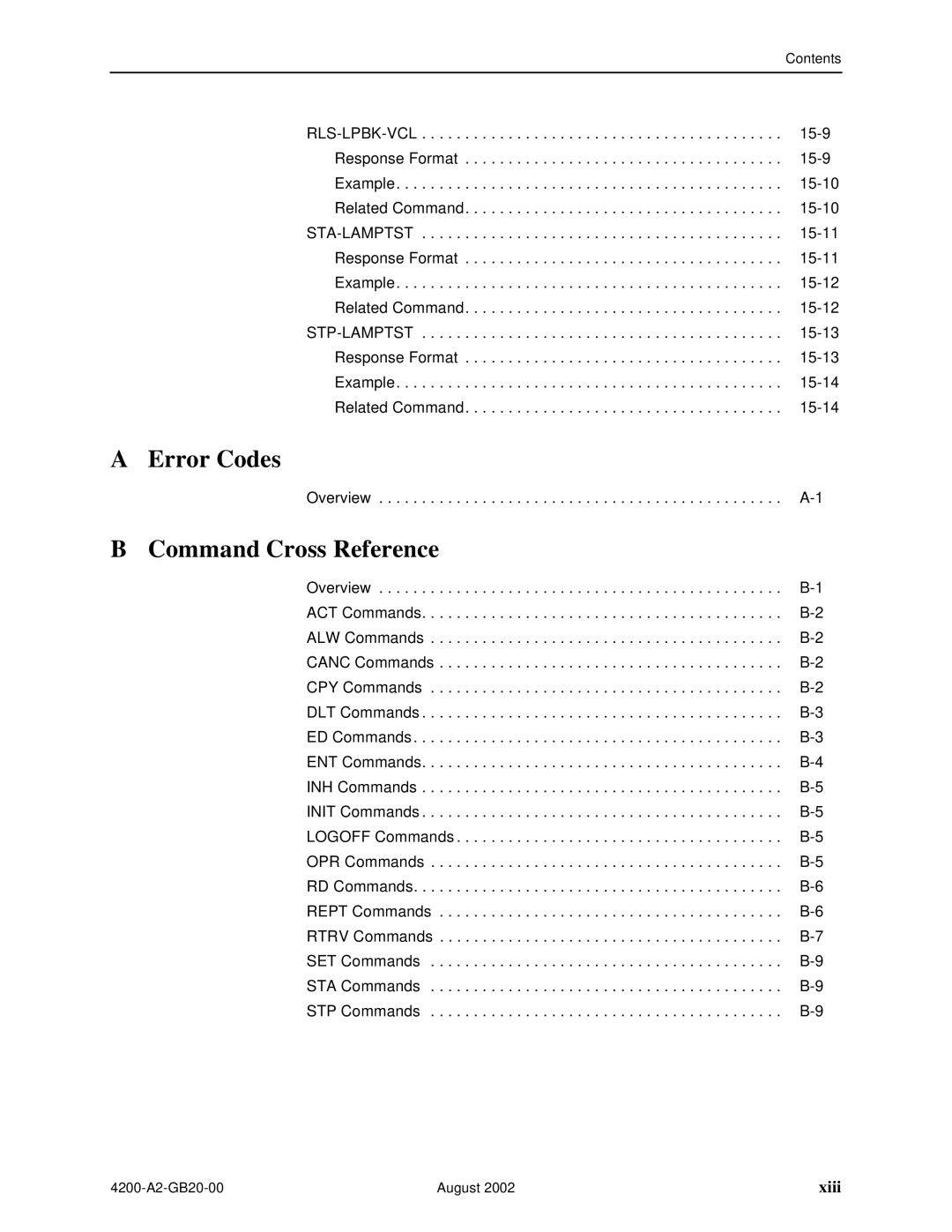 Paradyne 4200 manual Error Codes, Command Cross Reference, Xiii 