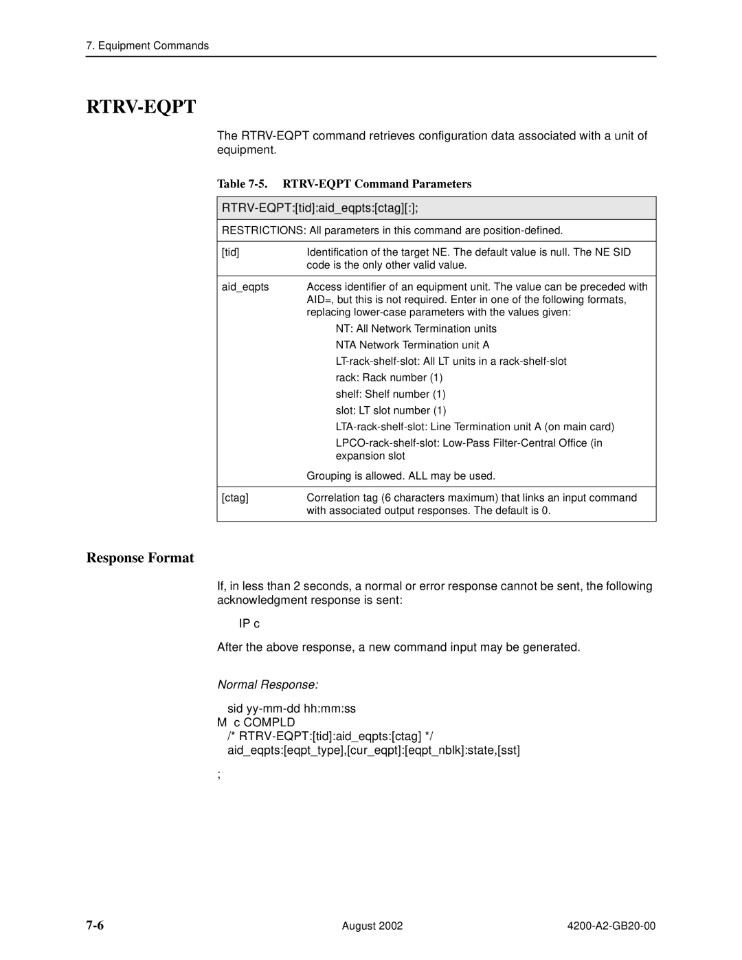 Paradyne 4200 manual Rtrv-Eqpt, RTRV-EQPT Command Parameters, RTRV-EQPTtidaideqptsctag 