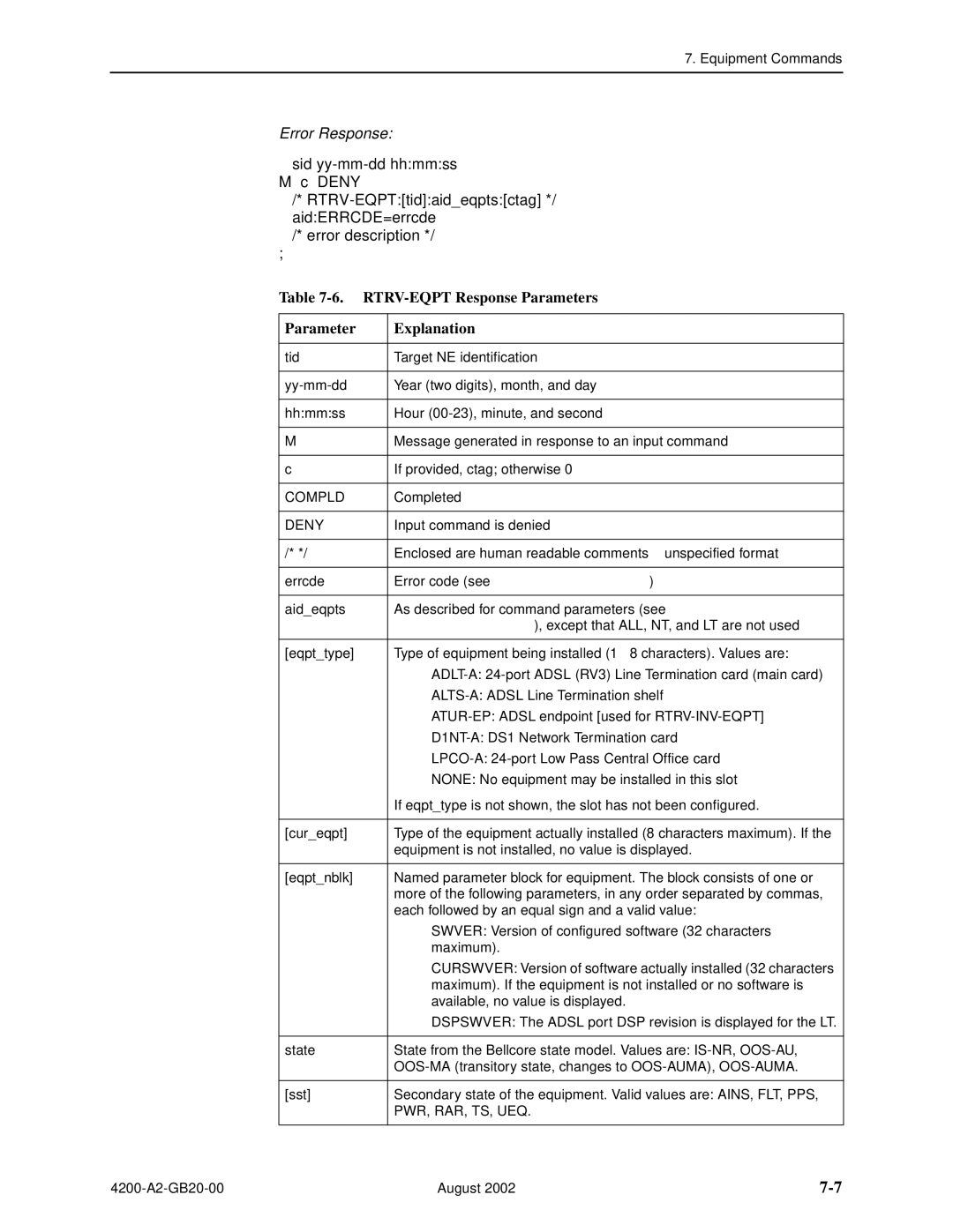 Paradyne 4200 manual RTRV-EQPT Response Parameters Explanation 