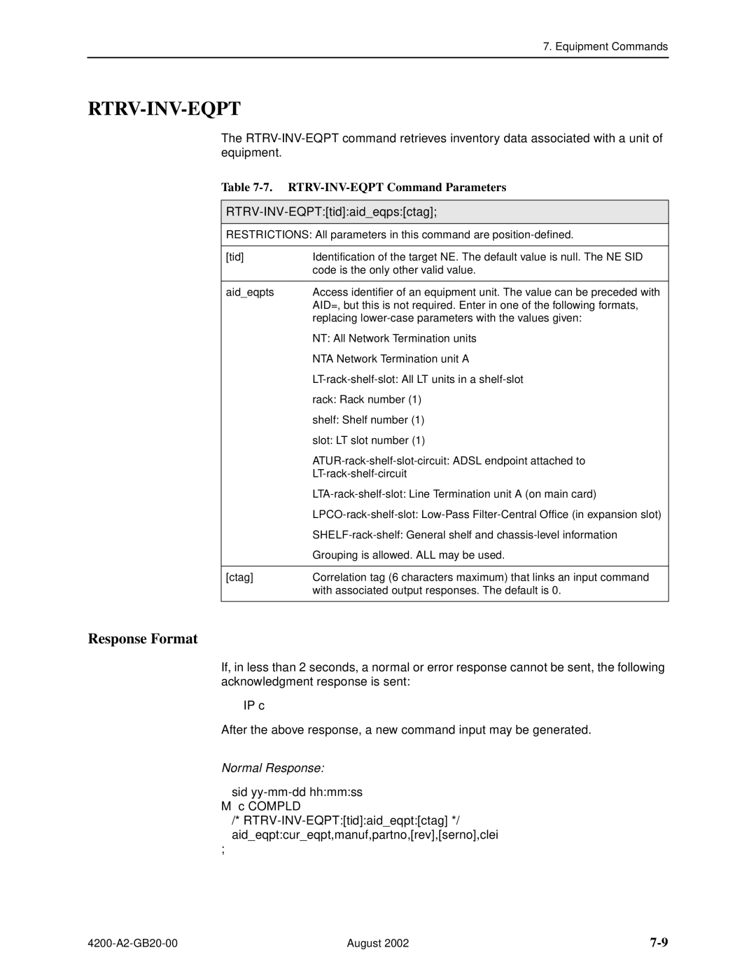 Paradyne 4200 manual Rtrv-Inv-Eqpt, RTRV-INV-EQPT Command Parameters, RTRV-INV-EQPTtidaideqpsctag 