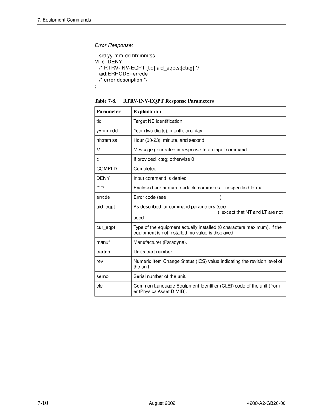 Paradyne 4200 manual RTRV-INV-EQPT Response Parameters Explanation 