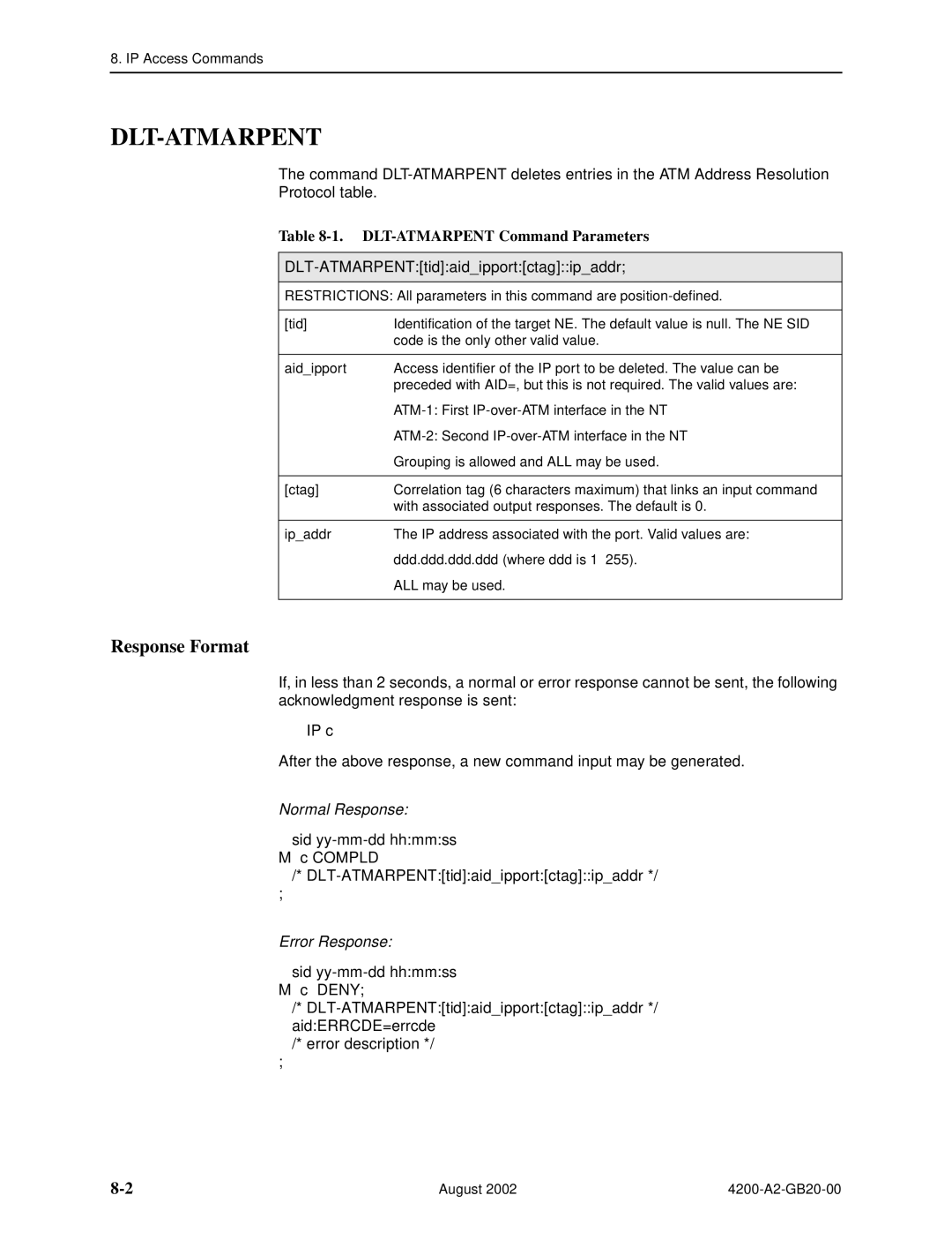 Paradyne 4200 manual Dlt-Atmarpent, DLT-ATMARPENT Command Parameters, DLT-ATMARPENTtidaidipportctagipaddr 