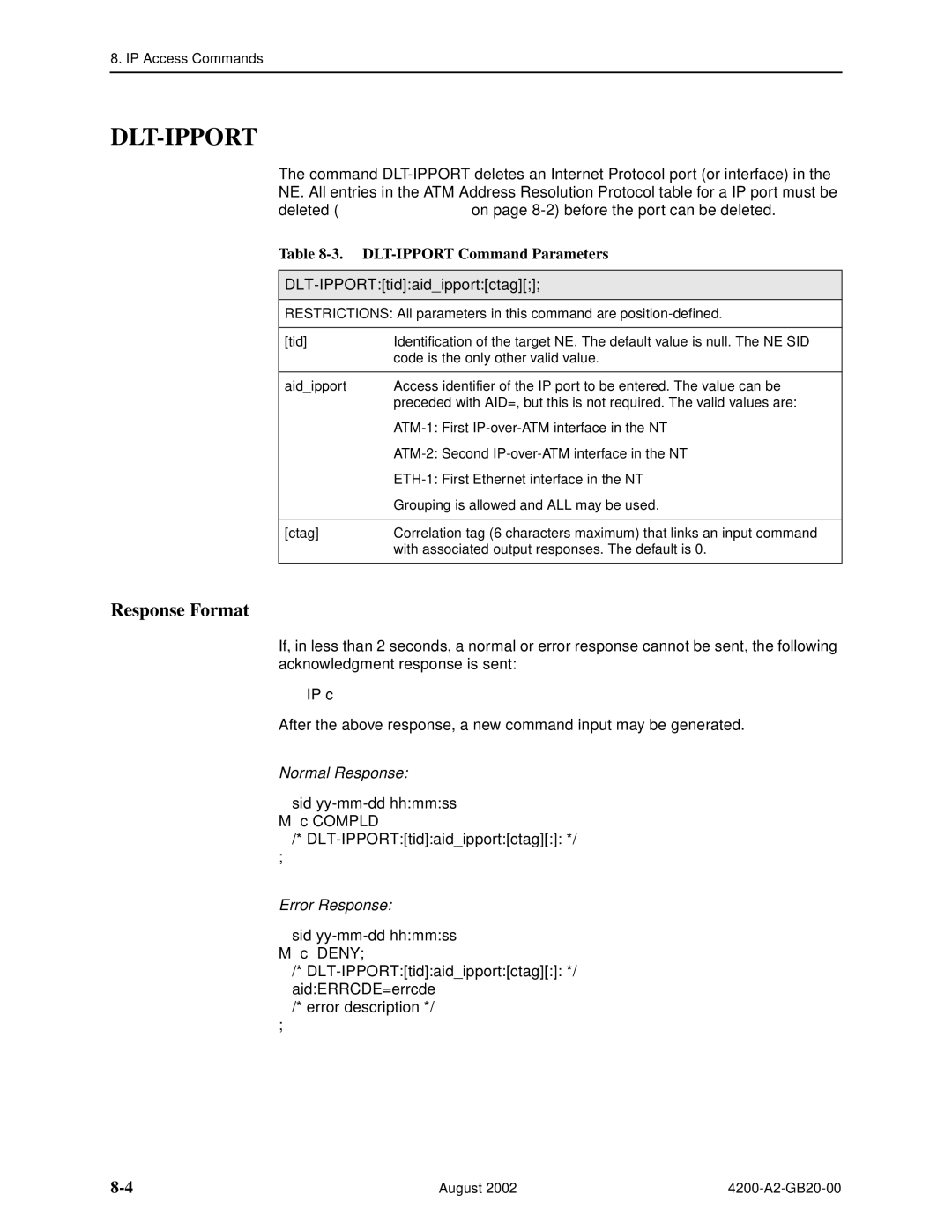 Paradyne 4200 manual Dlt-Ipport, DLT-IPPORT Command Parameters, DLT-IPPORTtidaidipportctag 