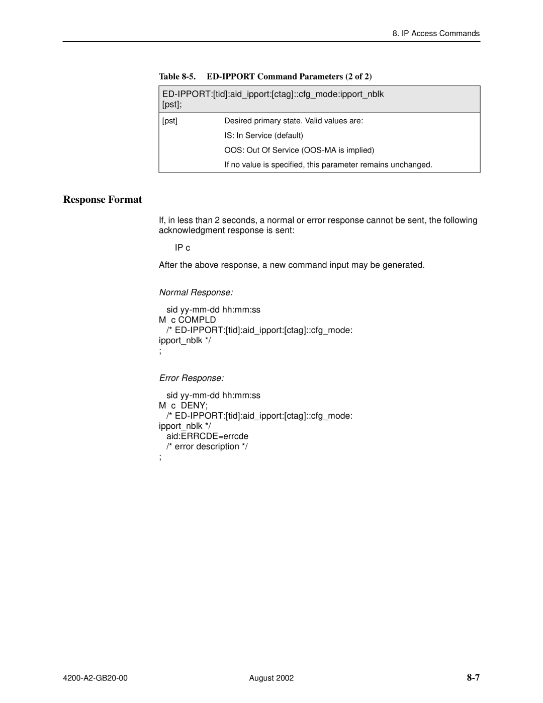 Paradyne 4200 manual Response Format, ED-IPPORT Command Parameters 2 