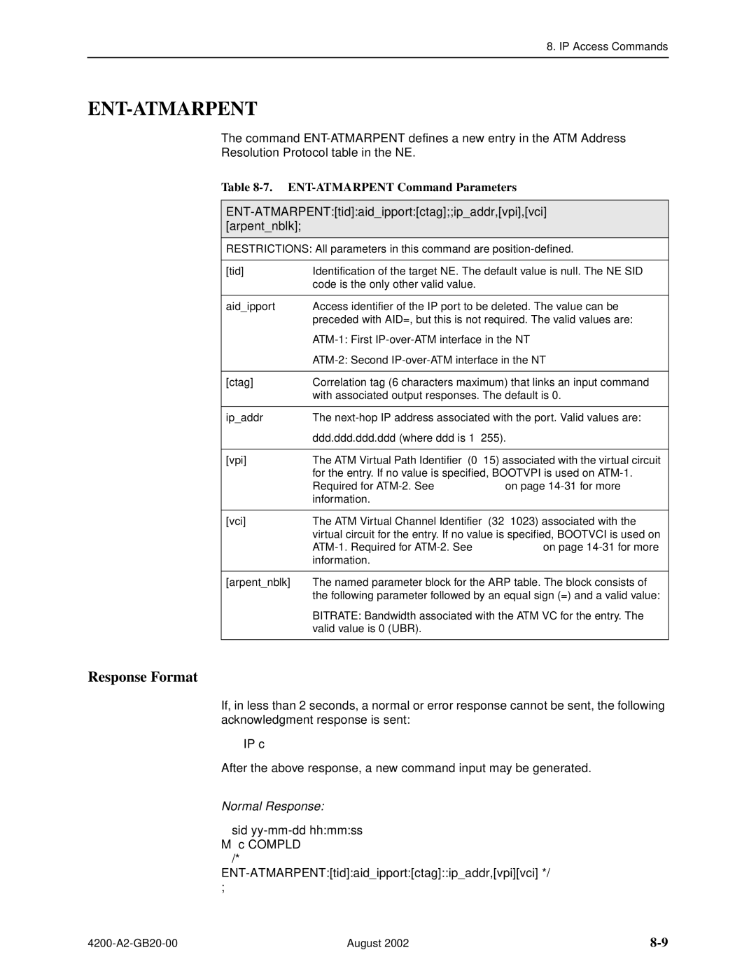 Paradyne 4200 Ent-Atmarpent, ENT-ATMARPENT Command Parameters, ENT-ATMARPENTtidaidipportctagipaddr,vpi,vci arpentnblk 