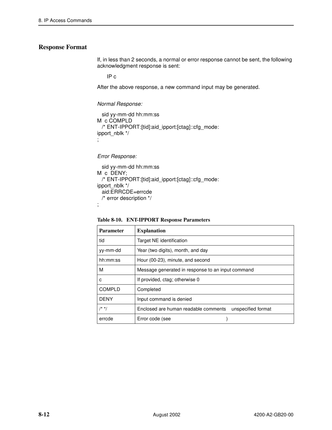 Paradyne 4200 manual Response Format, ENT-IPPORT Response Parameters Explanation 