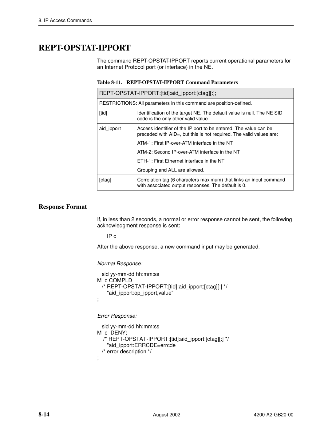 Paradyne 4200 manual Rept-Opstat-Ipport, REPT-OPSTAT-IPPORT Command Parameters, REPT-OPSTAT-IPPORTtidaidipportctag 