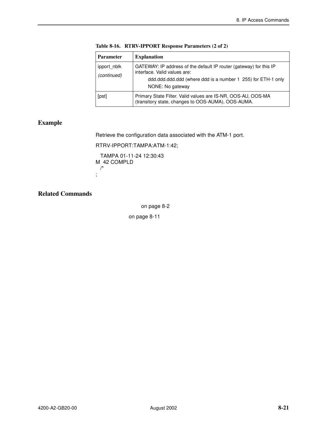 Paradyne 4200 manual Example, RTRV-IPPORT Response Parameters 2 Explanation 