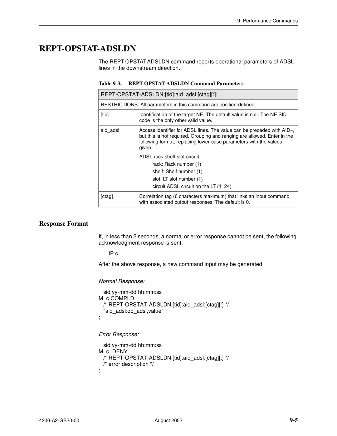 Paradyne 4200 manual Rept-Opstat-Adsldn, REPT-OPSTAT-ADSLDN Command Parameters, REPT-OPSTAT-ADSLDNtidaidadslctag 