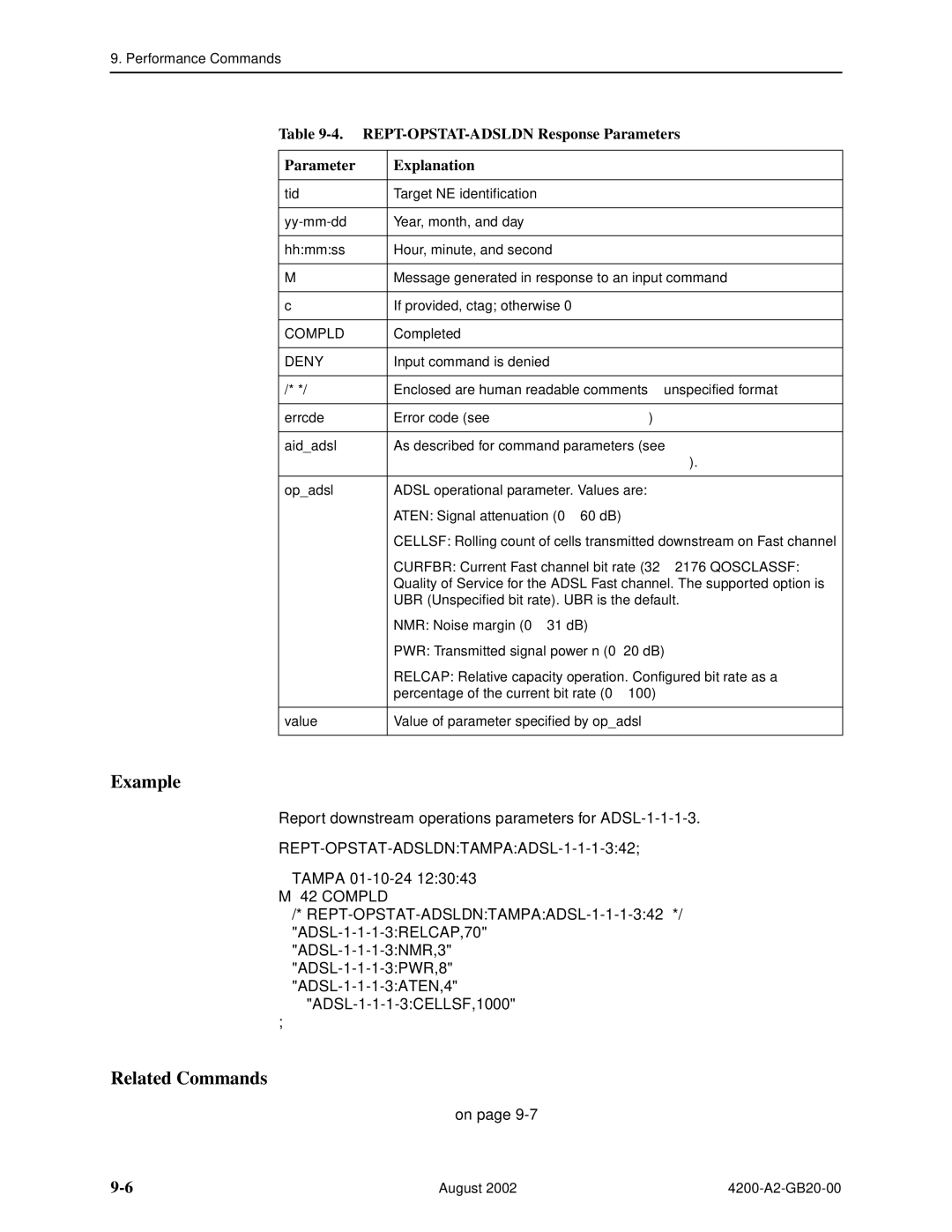 Paradyne 4200 manual REPT-OPSTAT-ADSLDN Response Parameters Explanation, REPT-OPSTAT-ADSLDN Command Parameters 