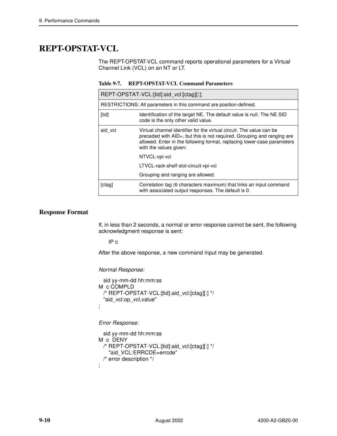 Paradyne 4200 manual Rept-Opstat-Vcl, REPT-OPSTAT-VCL Command Parameters, REPT-OPSTAT-VCLtidaidvclctag 