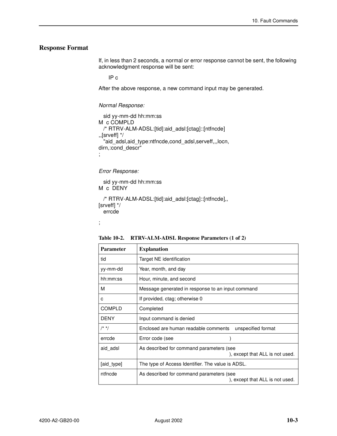 Paradyne 4200 manual 10-3, Sid yy-mm-dd hhmmss M c Compld, RTRV-ALM-ADSL Response Parameters 1 Explanation 