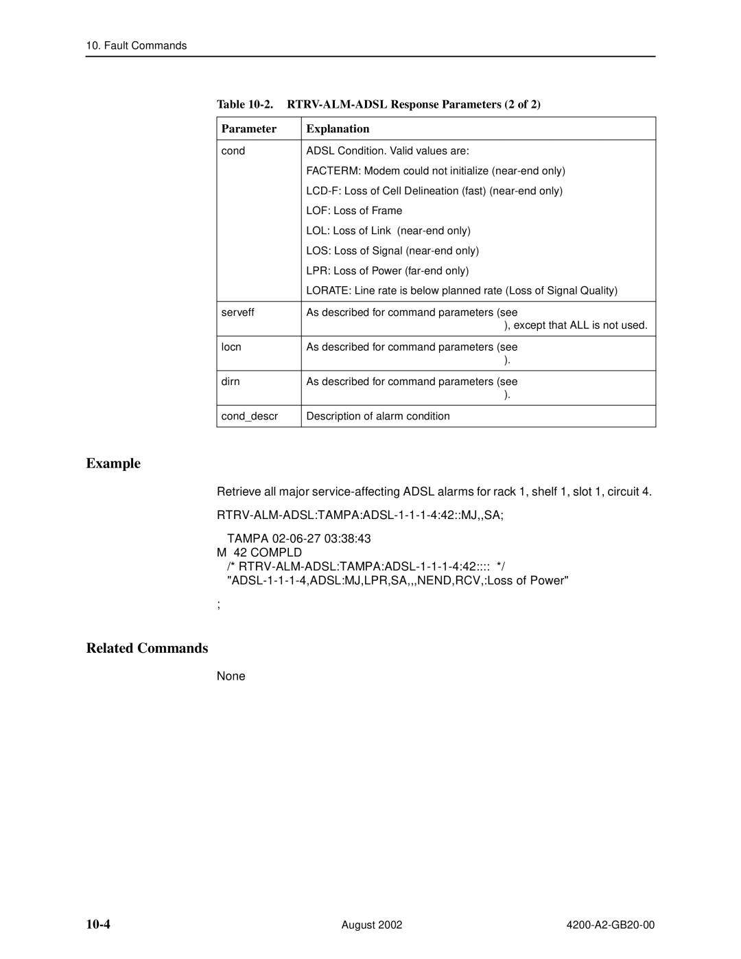 Paradyne 4200 10-4, RTRV-ALM-ADSL Response Parameters 2 Explanation, Tampa 02-06-27, RTRV-ALM-ADSL Command Parameters 