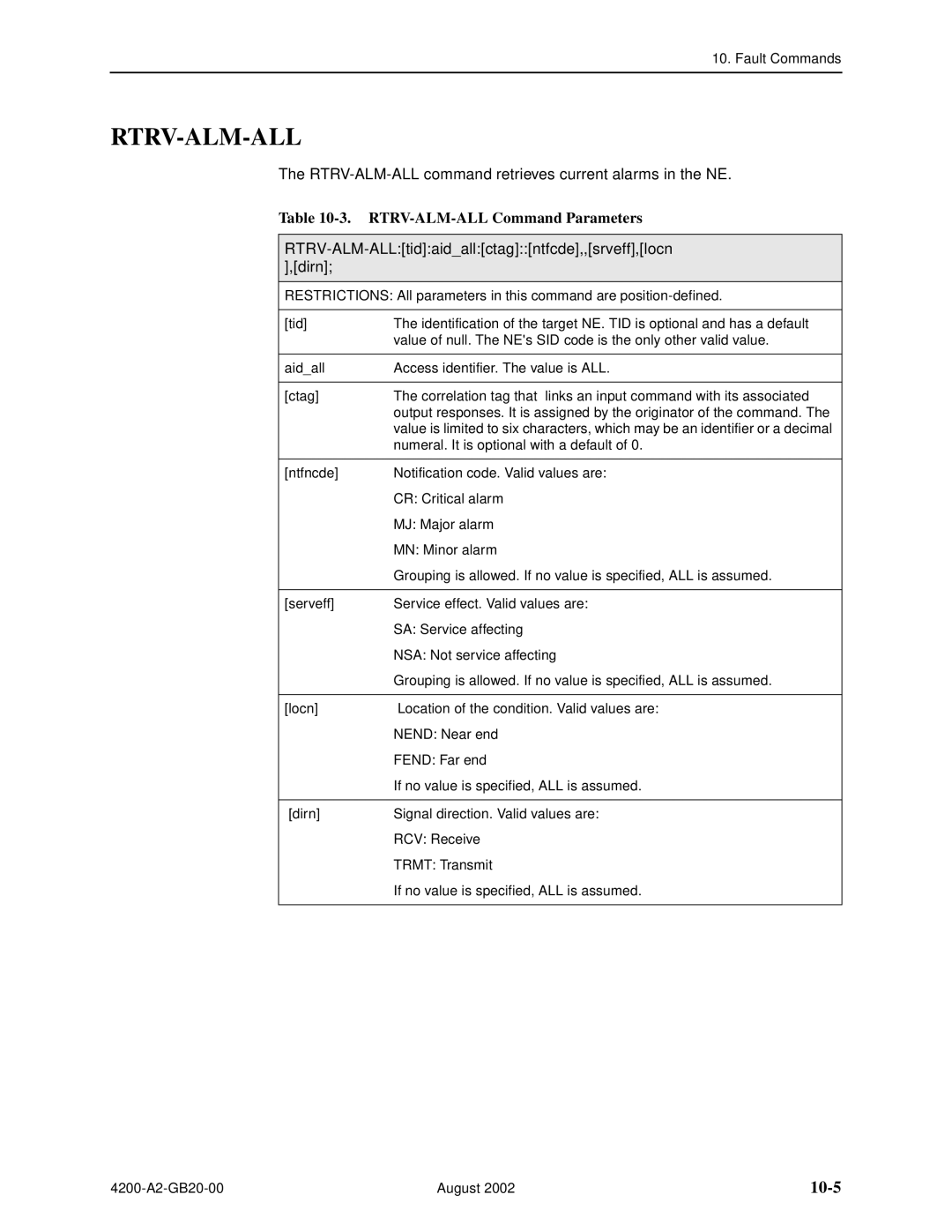 Paradyne 4200 Rtrv-Alm-All, 10-5, RTRV-ALM-ALL Command Parameters, RTRV-ALM-ALLtidaidallctagntfcde,,srveff,locn ,dirn 