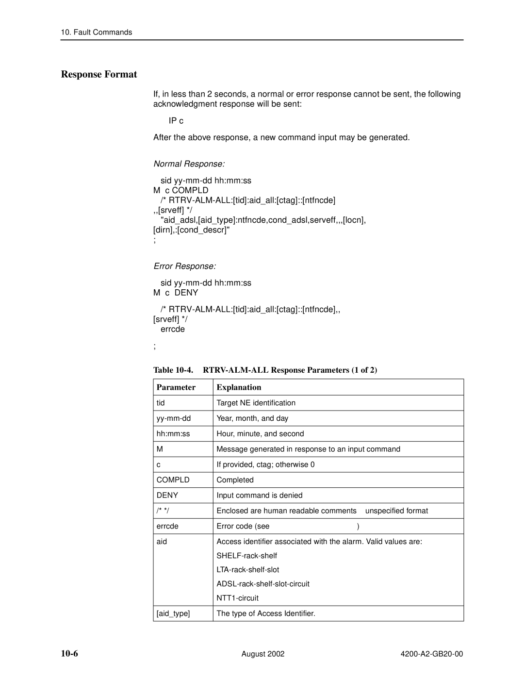 Paradyne 4200 manual 10-6, RTRV-ALM-ALL Response Parameters 1 Explanation 