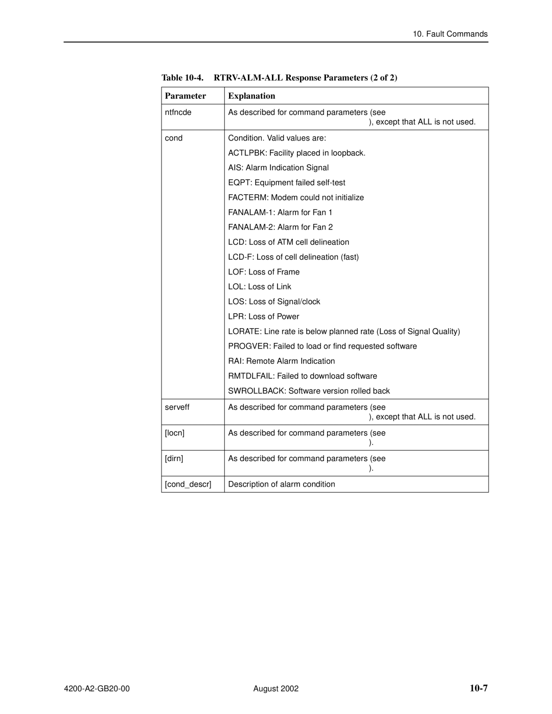 Paradyne 4200 manual 10-7, RTRV-ALM-ALL Response Parameters 2 Explanation, RTRV-ALM-ALL Command Parameters 