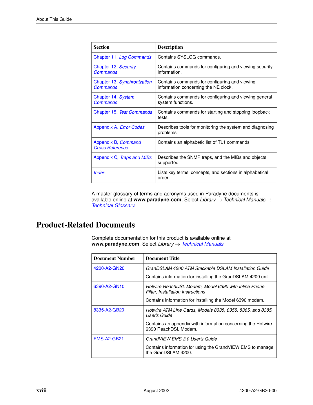 Paradyne 4200 manual Product-Related Documents, Xviii 