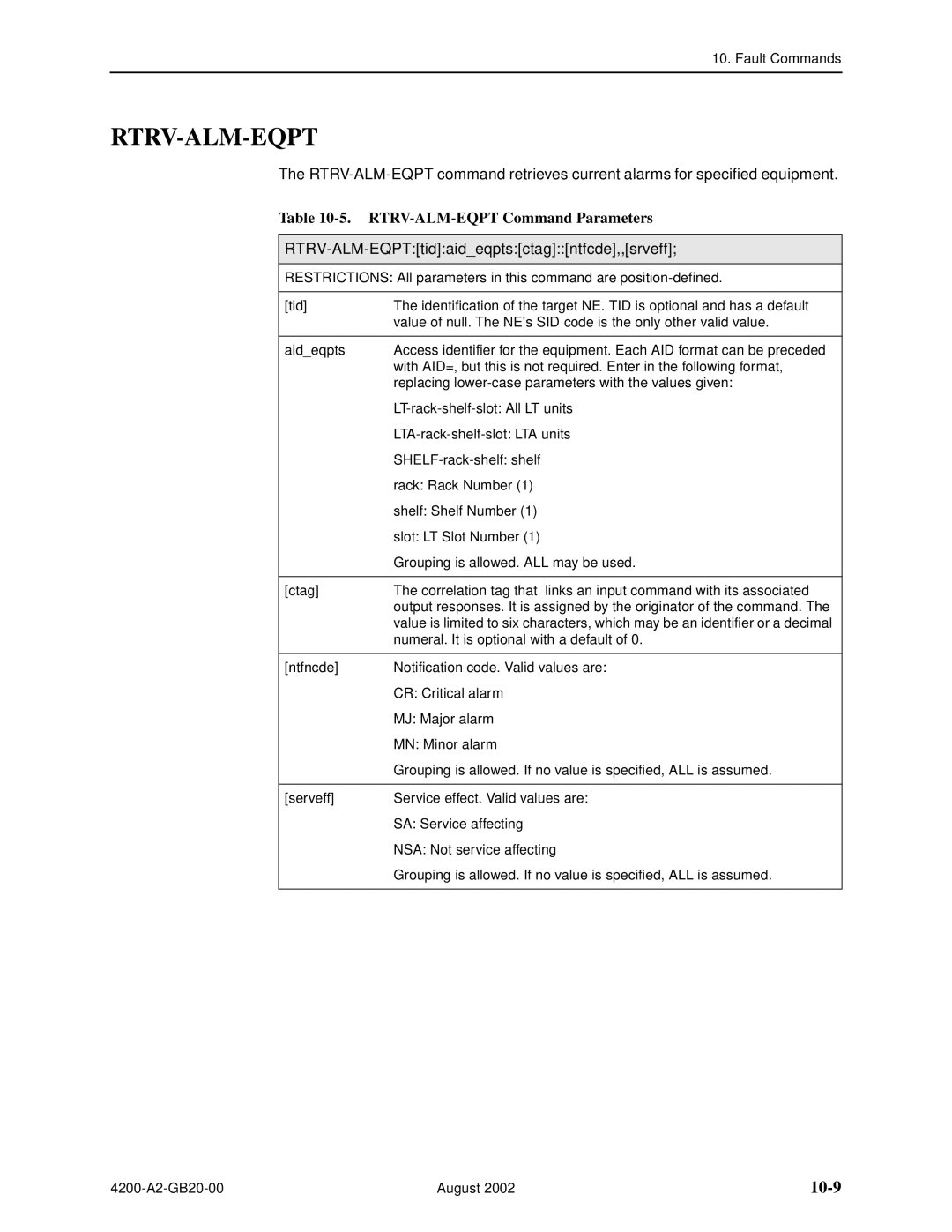 Paradyne 4200 manual Rtrv-Alm-Eqpt, 10-9, RTRV-ALM-EQPT Command Parameters, RTRV-ALM-EQPTtidaideqptsctagntfcde,,srveff 