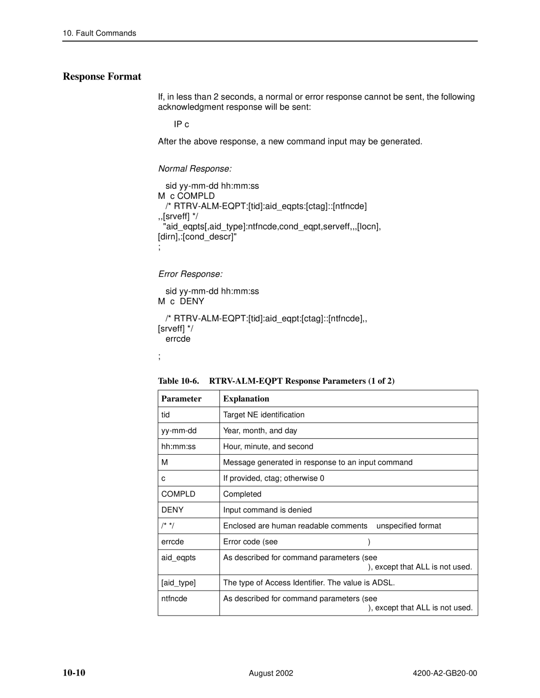 Paradyne 4200 manual 10-10, RTRV-ALM-EQPT Response Parameters 1 Explanation 