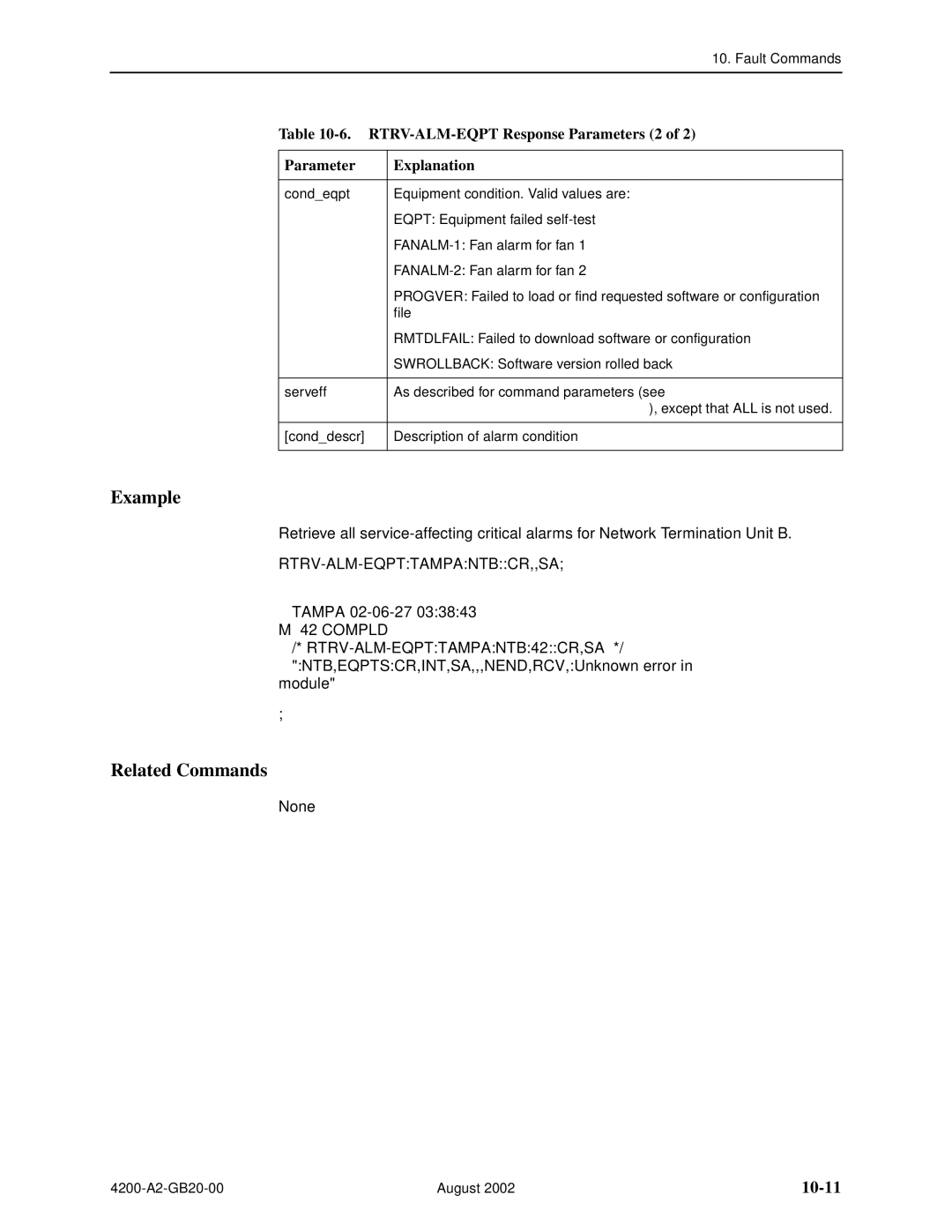 Paradyne 4200 manual 10-11, RTRV-ALM-EQPT Response Parameters 2 Explanation 