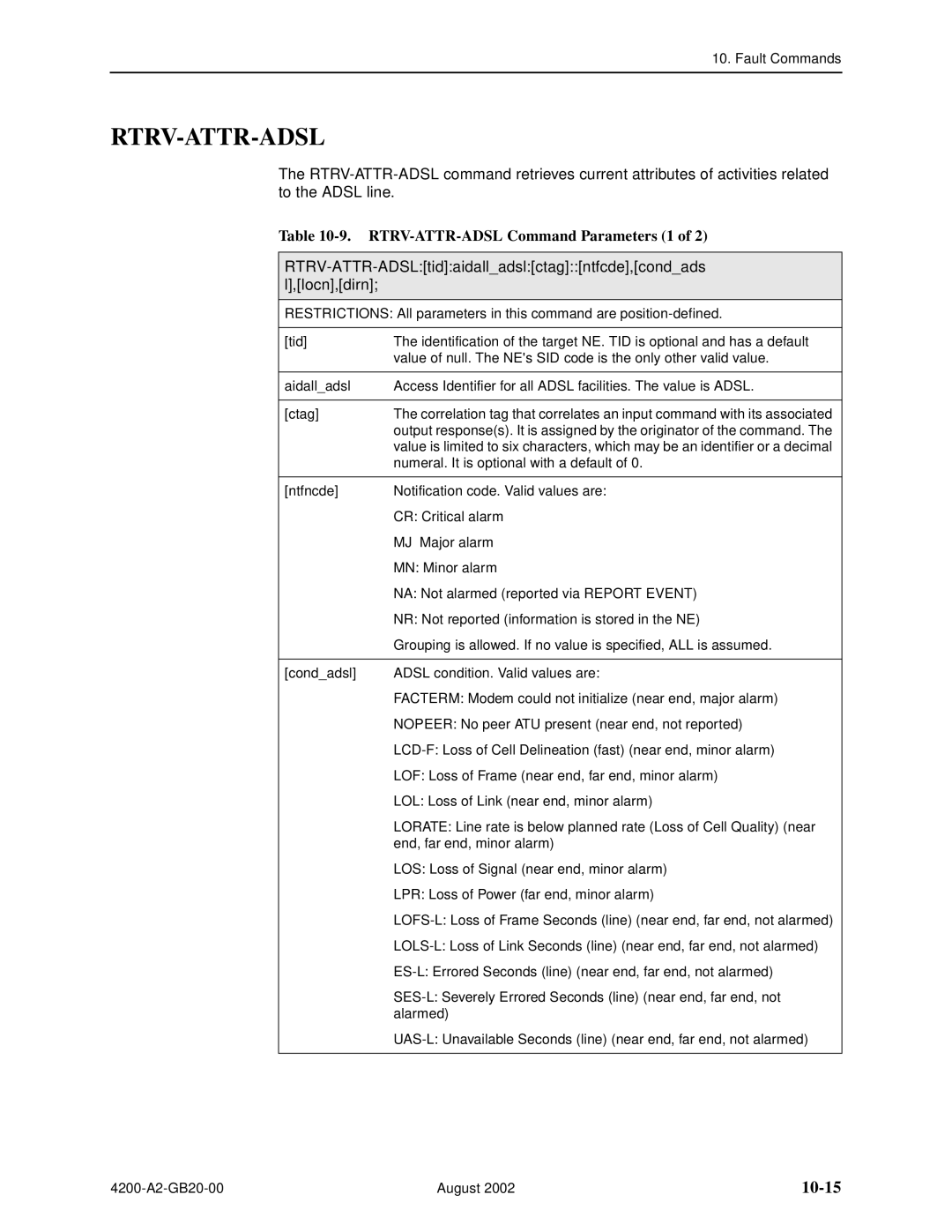 Paradyne 4200 manual Rtrv-Attr-Adsl, 10-15, RTRV-ATTR-ADSL Command Parameters 1 