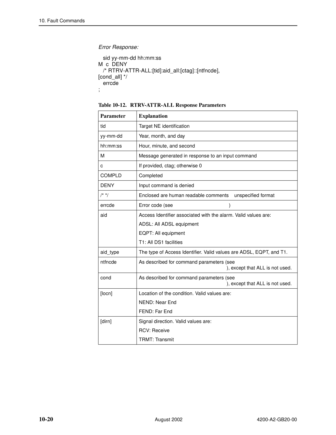 Paradyne 4200 manual 10-20, RTRV-ATTR-ALL Response Parameters Explanation 