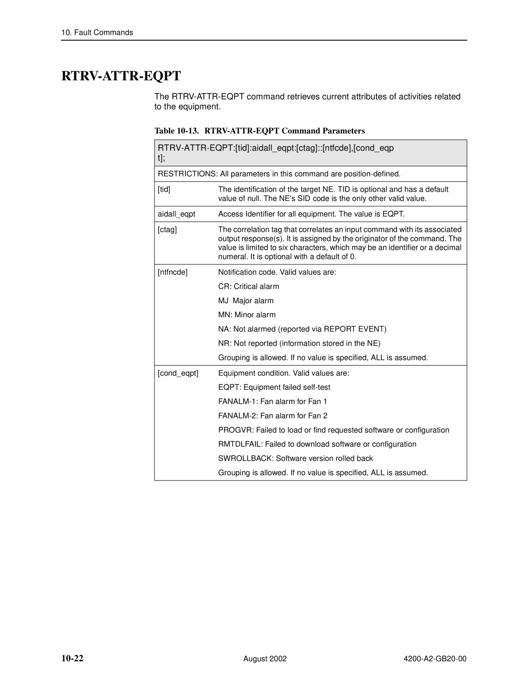 Paradyne 4200 Rtrv-Attr-Eqpt, 10-22, RTRV-ATTR-EQPT Command Parameters, RTRV-ATTR-EQPTtidaidalleqptctagntfcde,condeqp t 