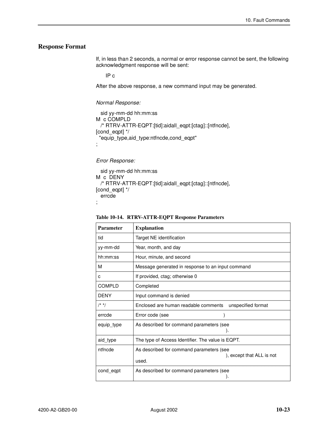 Paradyne 4200 manual 10-23, RTRV-ATTR-EQPT Response Parameters Explanation, RTRV-ATTR-EQPT Command Parameters 