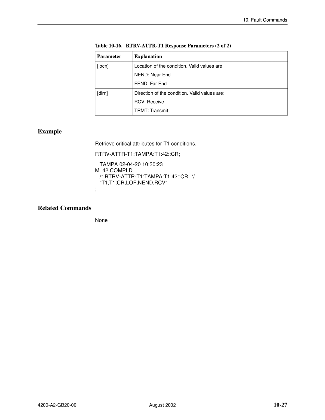 Paradyne 4200 manual 10-27, RTRV-ATTR-T1 Response Parameters 2 Explanation 